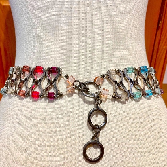 Accessories - Vintage Multicolor Crystals and Metal Stretch Belt With Toggle Clasp Size XS